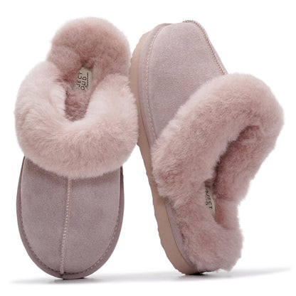 Project Cloud Genuine Leather Slippers for Women with Genuine Fur Lining, Non-Slip Indoor/Outdoor Clog Mule Slippers, Memory Foam Insole