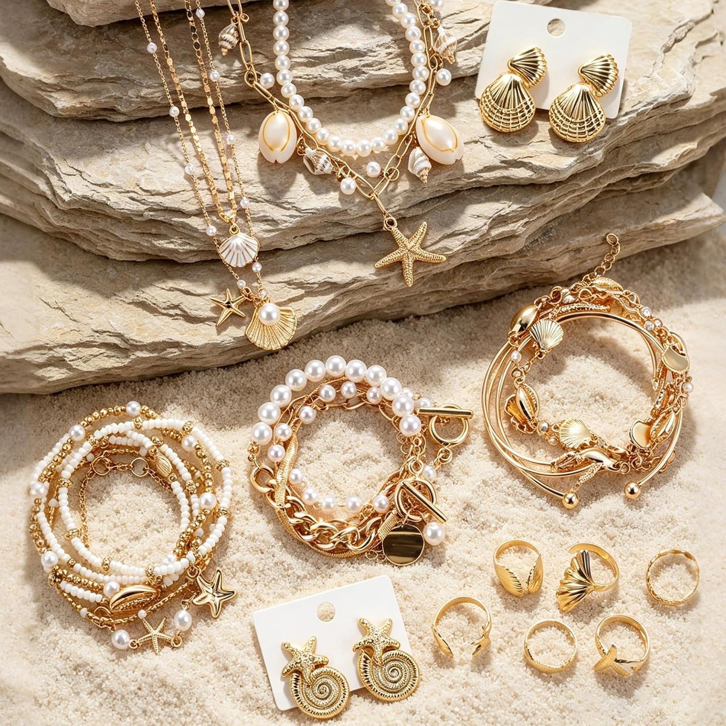 33 Pcs Seashell Starfish Jewelry Set for Women Gold | Layered Beachy Necklace Stackable Pearl Starfish Shell Bracelets Rings Earrings Set Beach Vacation Accessories