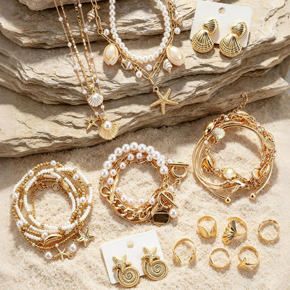 33 Pcs Seashell Starfish Jewelry Set for Women Gold | Layered Beachy Necklace Stackable Pearl Starfish Shell Bracelets Rings Earrings Set Beach Vacation Accessories