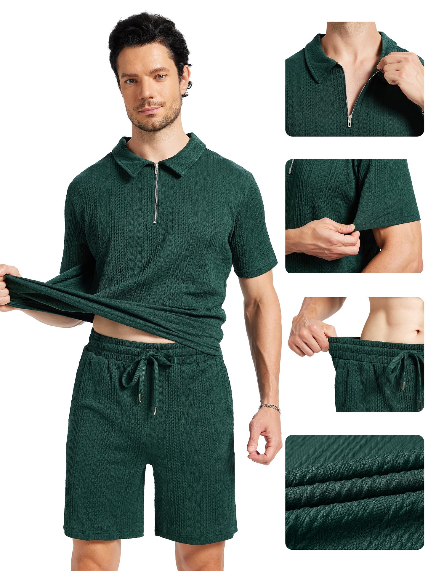 yuyangdpb Men's 2 Piece Summer Vacation Outfits Polo Shirt & Shorts Set | Breathable Textured Knit Fabric, Stretchy, Soft, Moisture-wicking, Lightweight, Ideal for Beach Casual Tracksuit, M-2XL