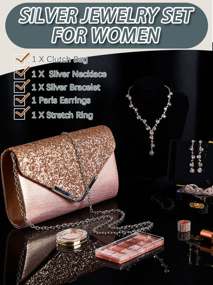 Henoyso 5 Pcs Purse Rhinestone Jewelry Set Prom Jewelry Rhinestone Clutch Purse Necklace Earrings Bracelets for Women Bride