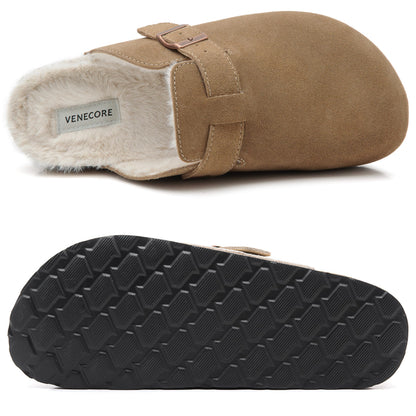 Erica Women's Cork Footbed Clogs Genuine Soft Suede Fuzzy Faux Fur Lined Comfort Cushioned Mule Slide Shoes