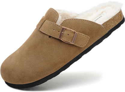 Erica Women's Cork Footbed Clogs Genuine Soft Suede Fuzzy Faux Fur Lined Comfort Cushioned Mule Slide Shoes
