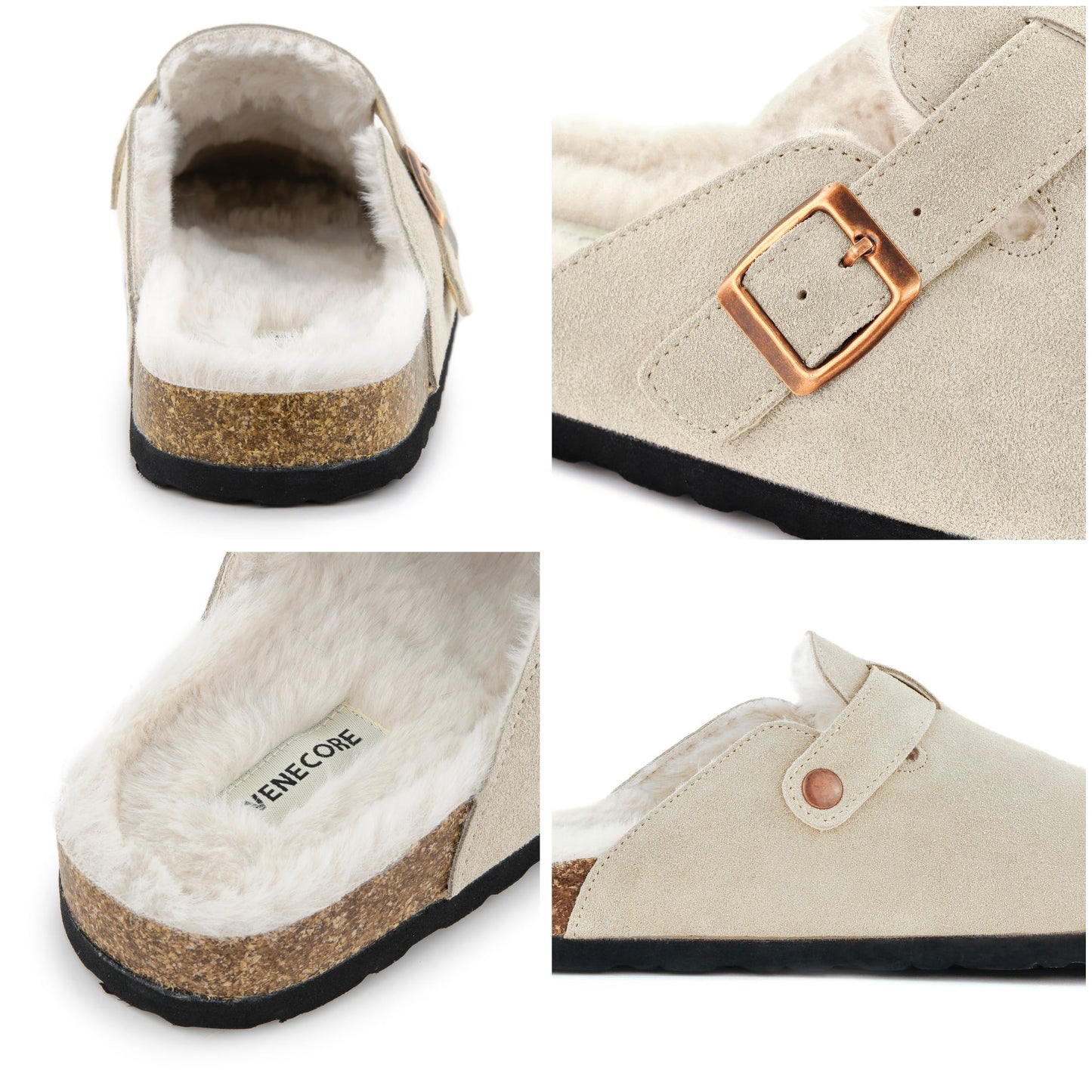 Erica Women's Cork Footbed Clogs Genuine Soft Suede Fuzzy Faux Fur Lined Comfort Cushioned Mule Slide Shoes