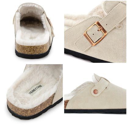 Erica Women's Cork Footbed Clogs Genuine Soft Suede Fuzzy Faux Fur Lined Comfort Cushioned Mule Slide Shoes