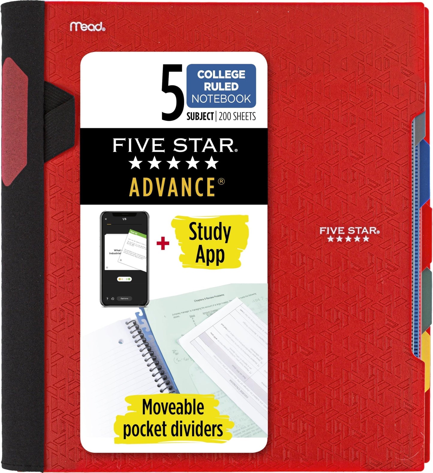 Five Star Advance Spiral Notebook + Study App, 5 Subject, College Ruled Paper, 8-1/2" x 11", 200 Sheets, Spiral Guard, Movable Tabbed Dividers, Black (73144)