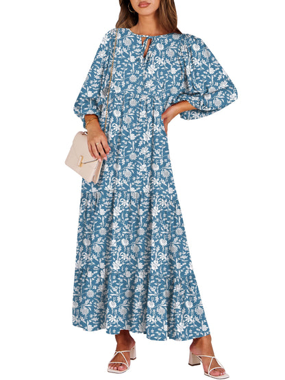 ANRABESS Womens Boho Floral 3/4 Puff Sleeve Maxi Dress | Tiered Flowy Loose Fit, Comfy Soft Rayon Fabric, Wedding Guest Church Beach, Modest Elegant, Spring Summer Fall Outfits