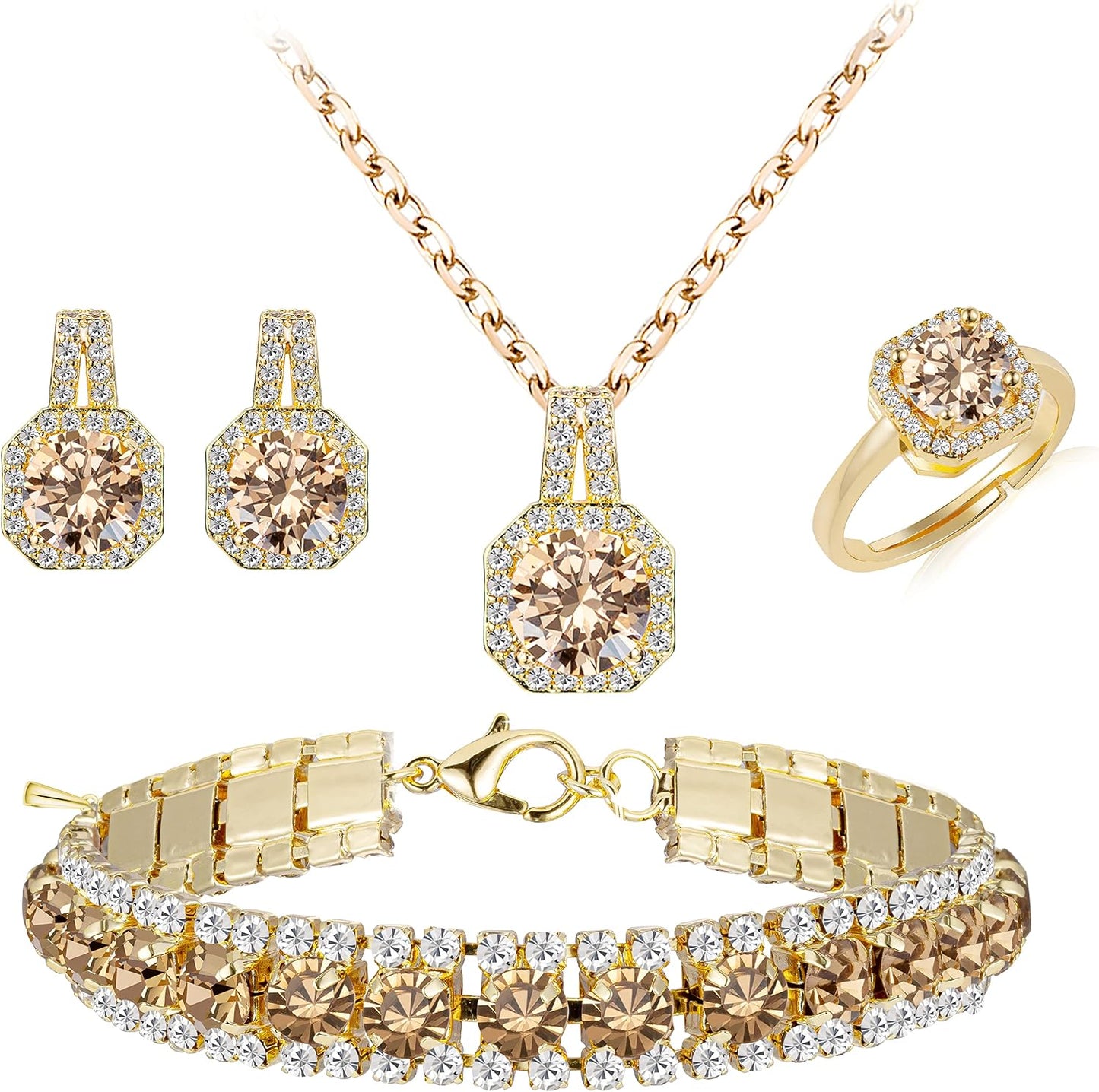 Paxuan 4pcs Cubic Zirconia Wedding Jewelry Sets for Bride Bridesmaid Cubic Zirconia Pendant Necklace Earrings Link Tennis Bracelet Open Ring Set for Women
