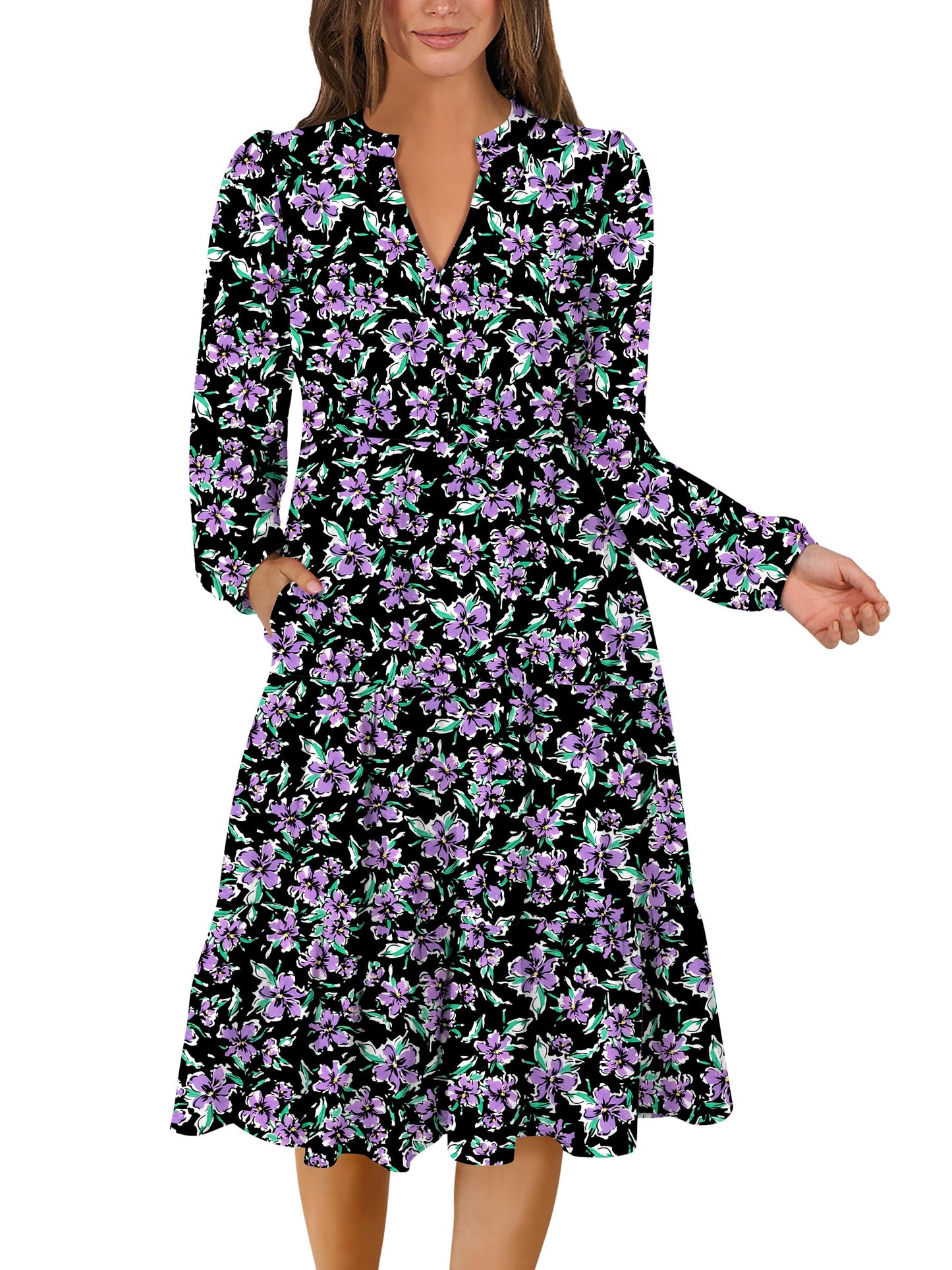 ANRABESS Womens V Neck Long Sleeve Midi Dress | Swing Flowy Tiered with Pockets, Soft Fabric, Boho Beach Vacation Dresses, Loose Fit Casual, Fall Winter Transition Clothes