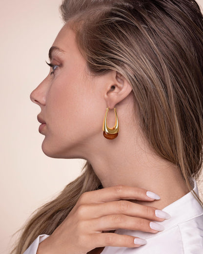 SNGIA Long Oval Chunky Dangle 18K Gold Plated Hoops with Colored Resin Gemstone Statement Earrings for Women, (Green, Brown, Light blue, Dark Blue), Bold Drop Handmade Exaggerated Irregular Trendy Bohemian Jewelry Gifts, Unique Dangling Teardrop Baroque S