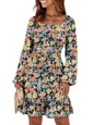 ANRABESS Womens Dress Long Lantern Sleeve Square Neck Elastic Waist Ruffle Flowy Swing A-Line Short Dresses 2026 Fall Fashion