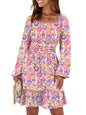 ANRABESS Womens Dress Long Lantern Sleeve Square Neck Elastic Waist Ruffle Flowy Swing A-Line Short Dresses 2026 Fall Fashion