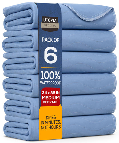 Utopia Bedding Washable Underpads 34" x 36" (Pack of 4), Waterproof Reusable Heavy Absorbency Incontinence Bed Pads for Adults, Kids, Elderly and Pets, Bedwetting Pads for Sofa and Couch (Blue)