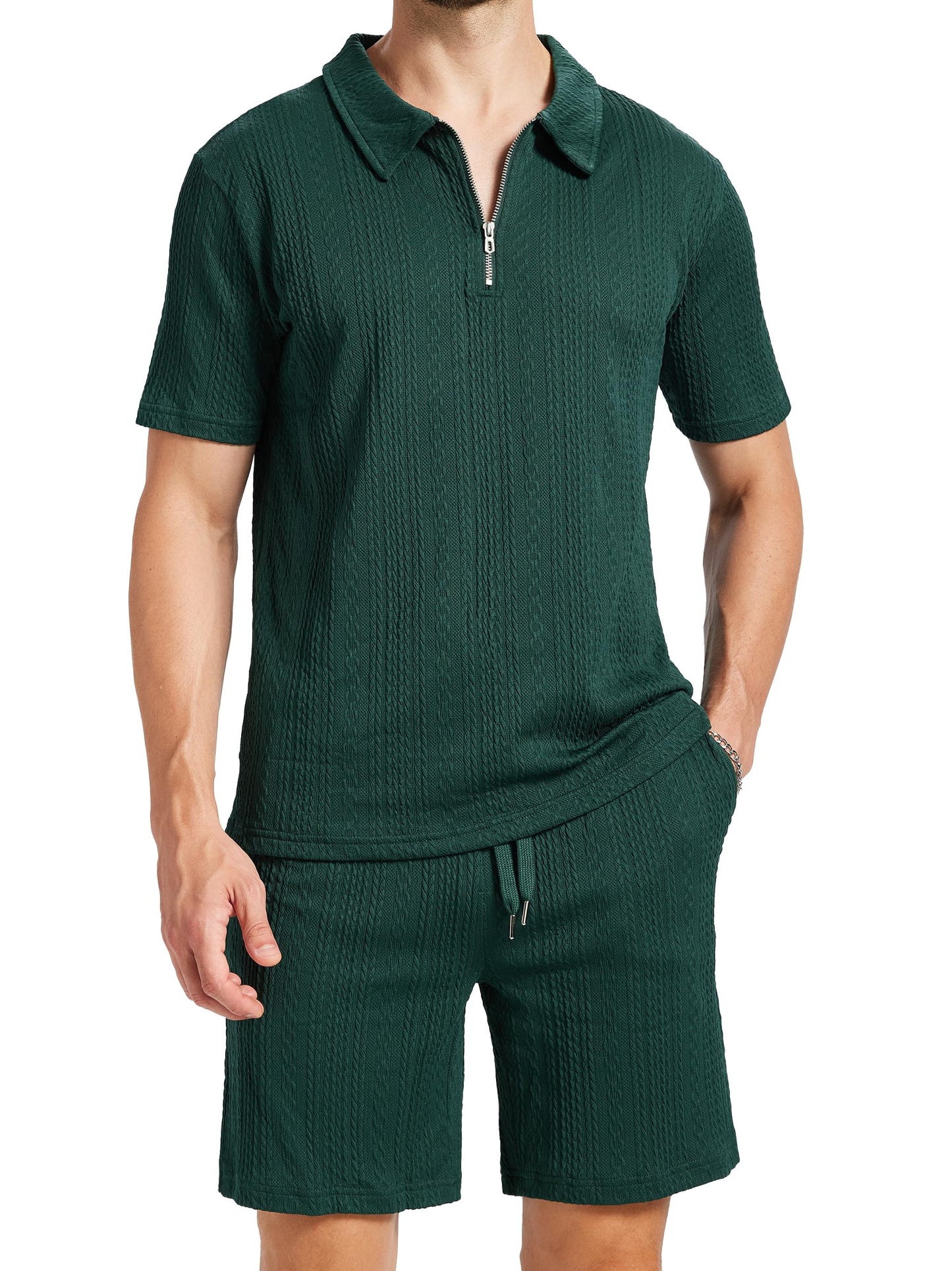 yuyangdpb Men's 2 Piece Summer Vacation Outfits Polo Shirt & Shorts Set | Breathable Textured Knit Fabric, Stretchy, Soft, Moisture-wicking, Lightweight, Ideal for Beach Casual Tracksuit, M-2XL