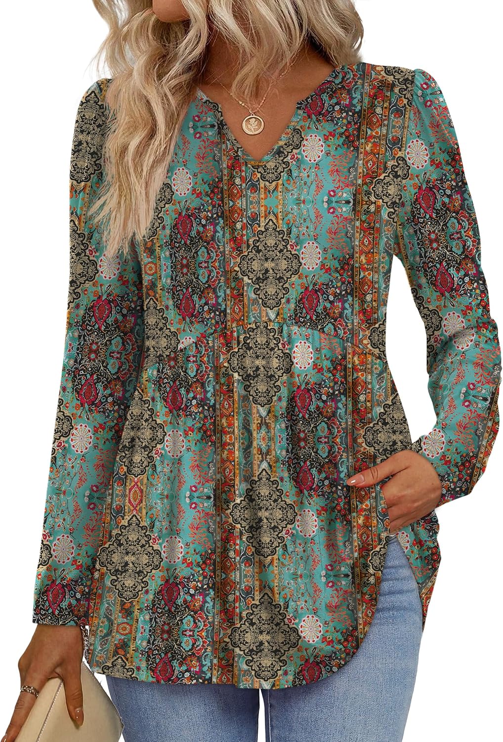 WIHOLL Western Shirts for Women Long Sleeve Tunic Tops Boho Fall Fashion Cowgirl Outfits Country Concert Vacation Ethnic Print L