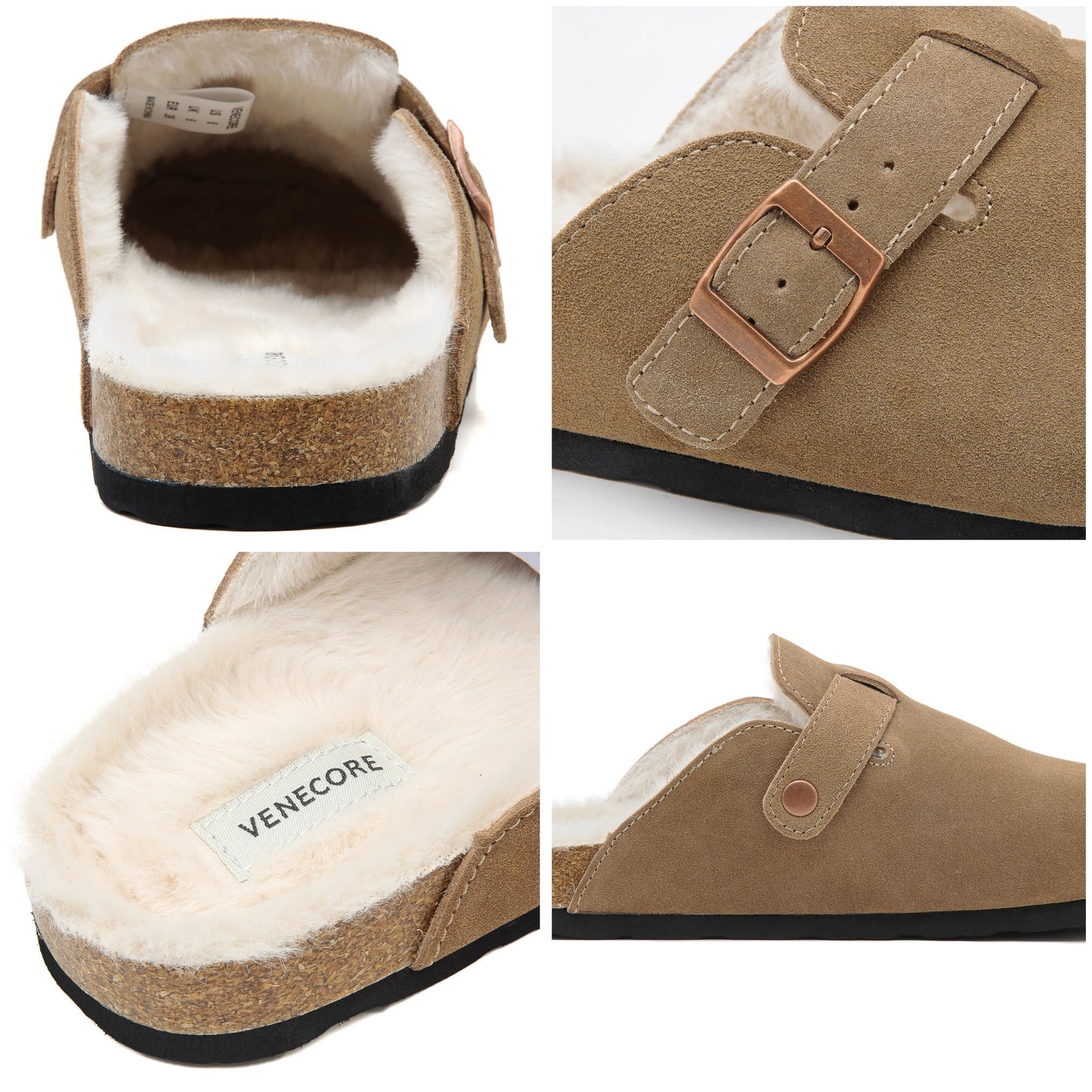 Erica Women's Cork Footbed Clogs Genuine Soft Suede Fuzzy Faux Fur Lined Comfort Cushioned Mule Slide Shoes