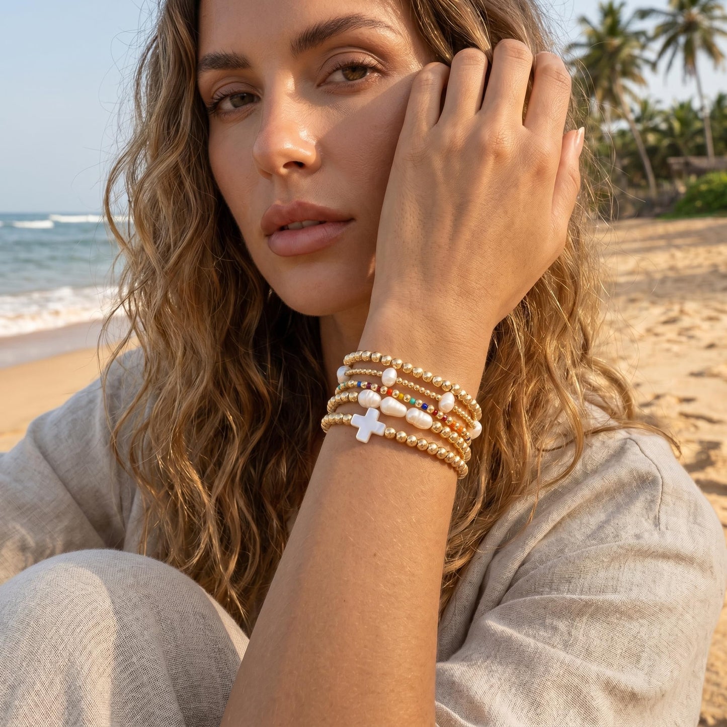 14K Gold Plated Pearl Beaded Cross Bracelets Stack Set for Women,Stretch Boho Colorful Christian Beads Ball Jewelry Friendship Summer Trendy Gift