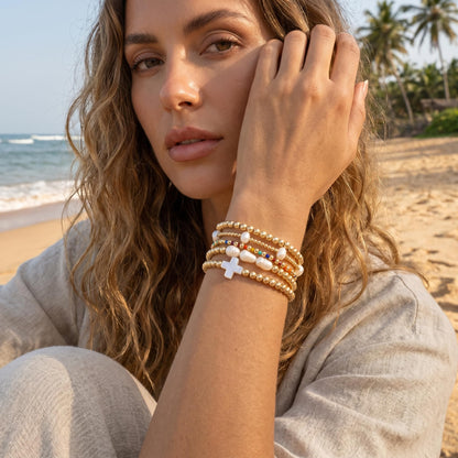 14K Gold Plated Pearl Beaded Cross Bracelets Stack Set for Women,Stretch Boho Colorful Christian Beads Ball Jewelry Friendship Summer Trendy Gift