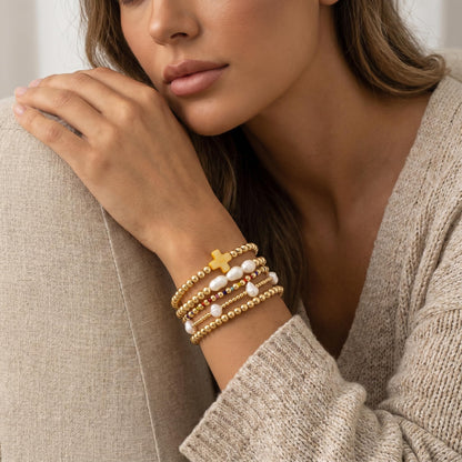 14K Gold Plated Pearl Beaded Cross Bracelets Stack Set for Women,Stretch Boho Colorful Christian Beads Ball Jewelry Friendship Summer Trendy Gift