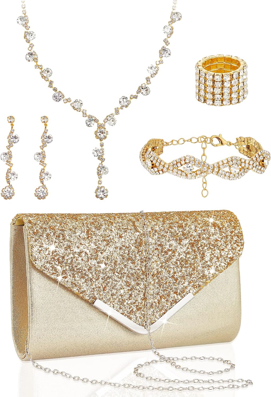 Henoyso 5 Pcs Purse Rhinestone Jewelry Set Prom Jewelry Rhinestone Clutch Purse Necklace Earrings Bracelets for Women Bride