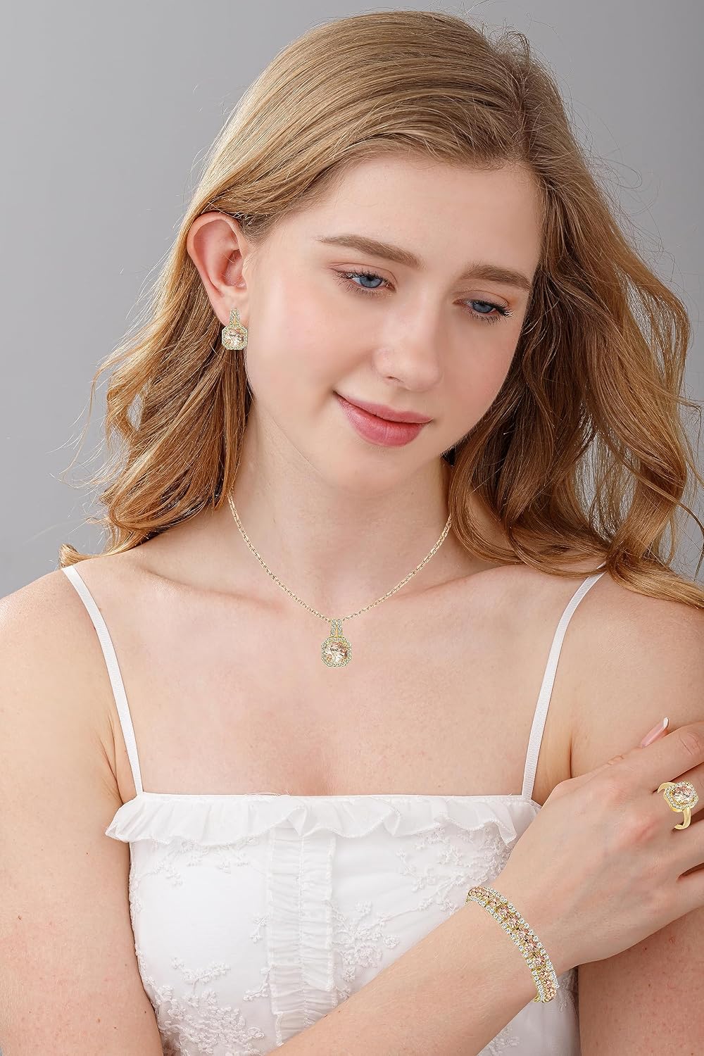 Paxuan 4pcs Cubic Zirconia Wedding Jewelry Sets for Bride Bridesmaid Cubic Zirconia Pendant Necklace Earrings Link Tennis Bracelet Open Ring Set for Women