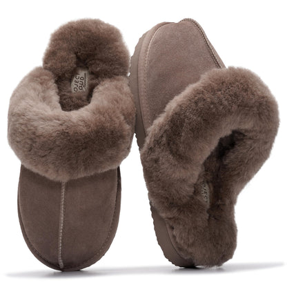 Project Cloud Genuine Leather Slippers for Women with Genuine Fur Lining, Non-Slip Indoor/Outdoor Clog Mule Slippers, Memory Foam Insole
