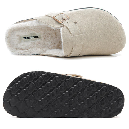 Erica Women's Cork Footbed Clogs Genuine Soft Suede Fuzzy Faux Fur Lined Comfort Cushioned Mule Slide Shoes