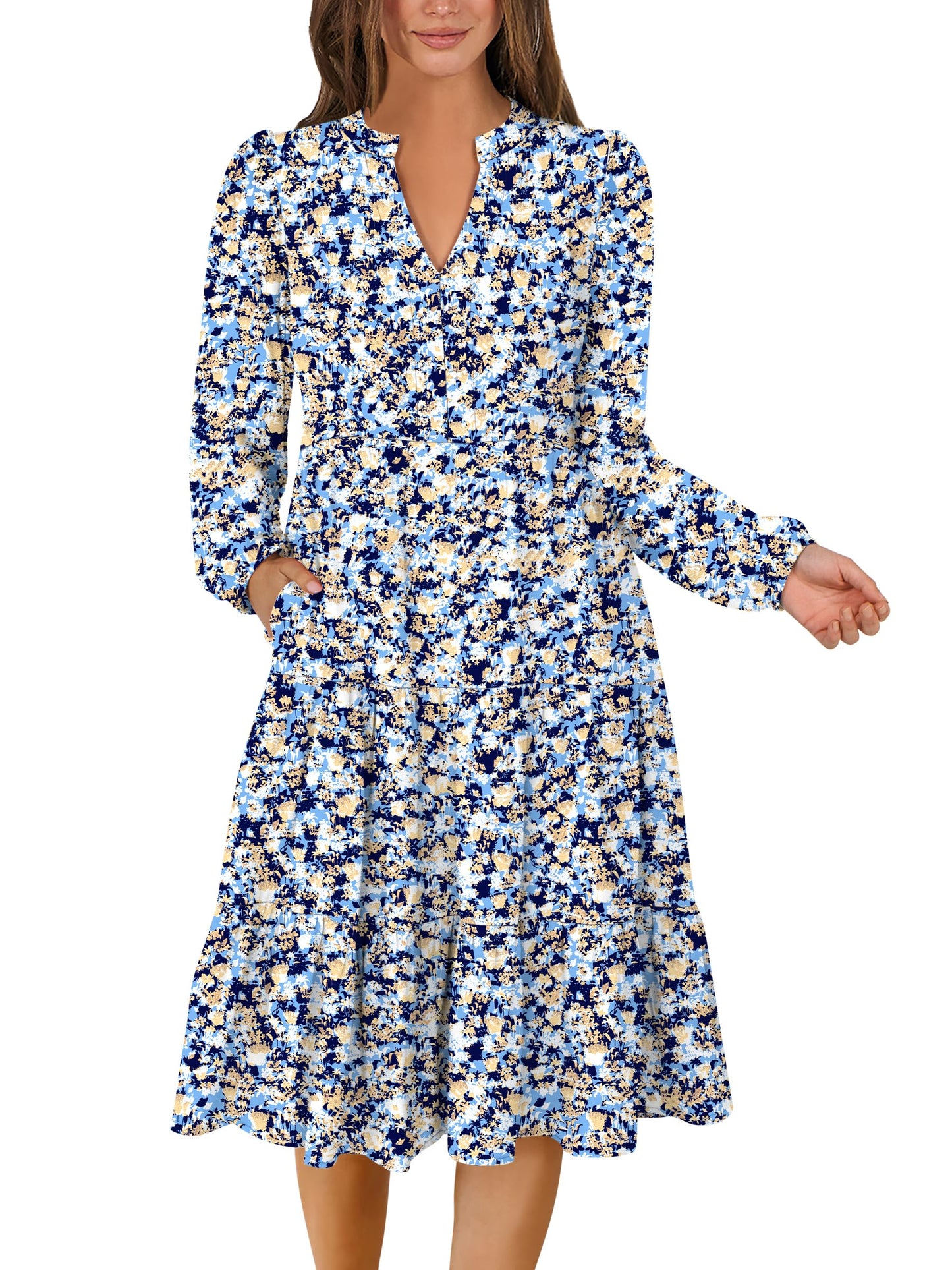 ANRABESS Womens V Neck Long Sleeve Midi Dress | Swing Flowy Tiered with Pockets, Soft Fabric, Boho Beach Vacation Dresses, Loose Fit Casual, Fall Winter Transition Clothes