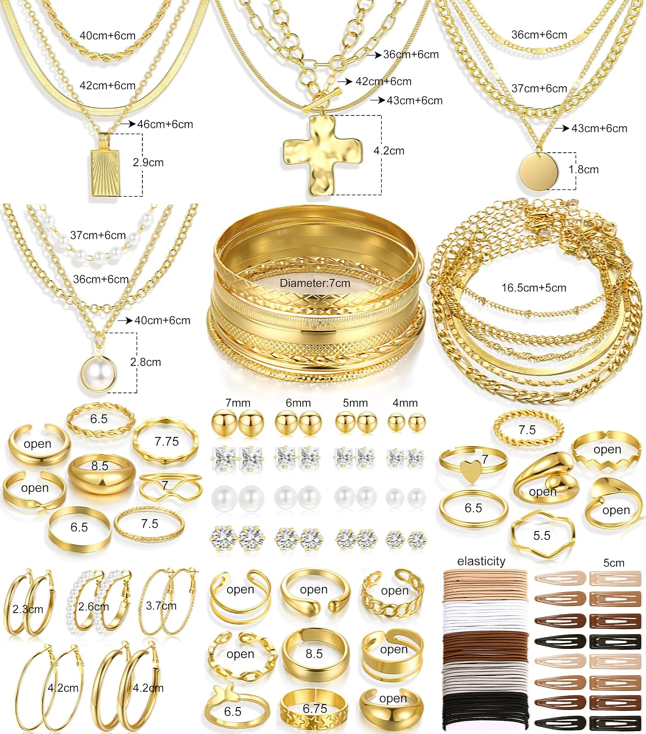 FANDY 137 Pieces Gold Jewelry Set for Women, 12 Necklace, 14 Bracelet, 21 Earrings, 24 Knuckle Rings, 66 Hair Accessory Gold Plated Jewelry Set for Women Gift