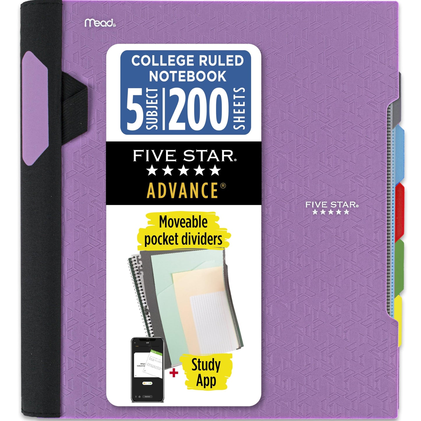 Five Star Advance Spiral Notebook + Study App, 5 Subject, College Ruled Paper, 8-1/2" x 11", 200 Sheets, Spiral Guard, Movable Tabbed Dividers, Black (73144)