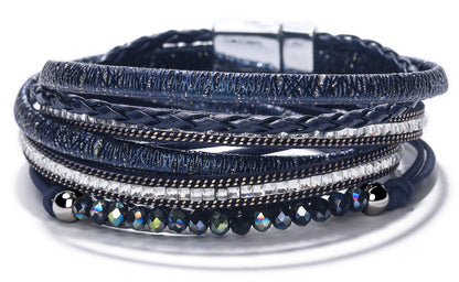 Fesciory Leopard Bracelet for Women, Boho Leather Wrap Multi-Layer Pearl Crystal Bracelet Bangle Jewelry