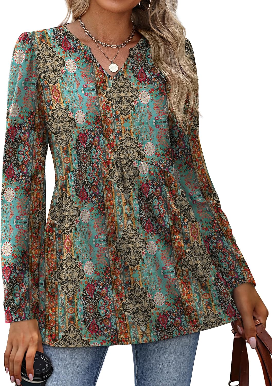 WIHOLL Western Shirts for Women Long Sleeve Tunic Tops Boho Fall Fashion Cowgirl Outfits Country Concert Vacation Ethnic Print L