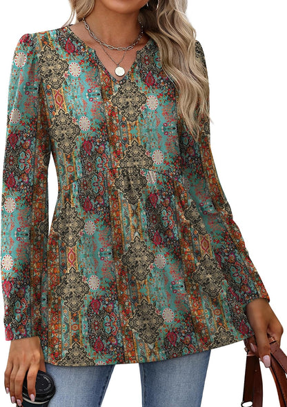 WIHOLL Western Shirts for Women Long Sleeve Tunic Tops Boho Fall Fashion Cowgirl Outfits Country Concert Vacation Ethnic Print L