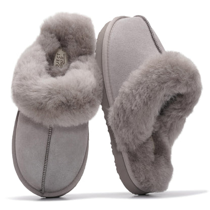 Project Cloud Genuine Leather Slippers for Women with Genuine Fur Lining, Non-Slip Indoor/Outdoor Clog Mule Slippers, Memory Foam Insole