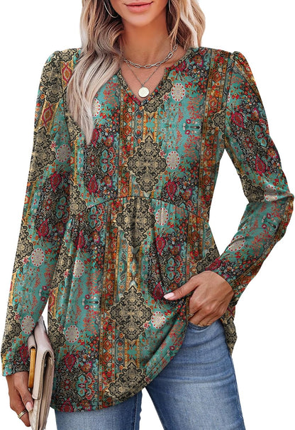 WIHOLL Western Shirts for Women Long Sleeve Tunic Tops Boho Fall Fashion Cowgirl Outfits Country Concert Vacation Ethnic Print L