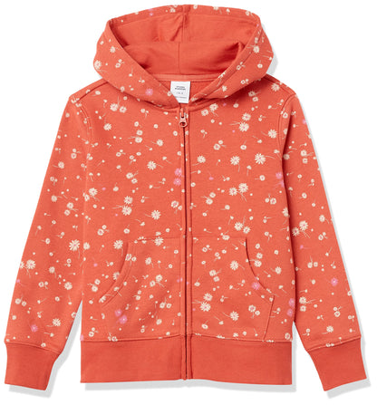 Amazon Essentials Girls and Toddlers' Fleece Zip-Up Hooded Sweatshirt with Lined Hood and Rib Knit Detail