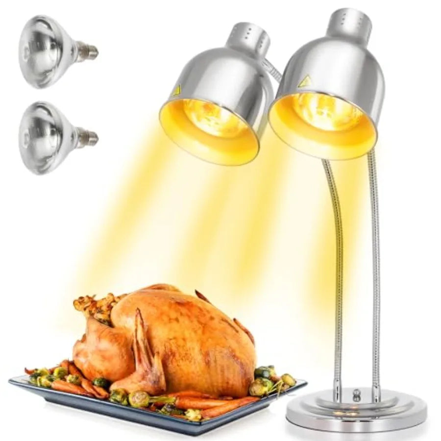 Commercial food warming lamp for restaurant kitchen and buffet use, dual-head 500W electric heating lamp, black and silver fini