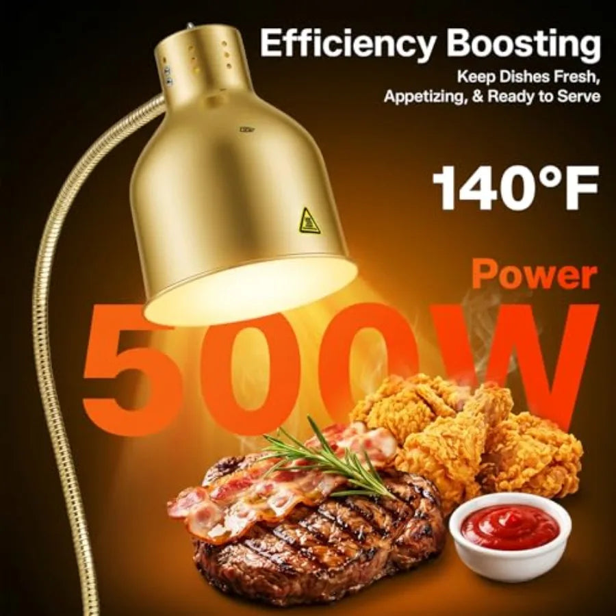 Food Heating Lamp for Buffet Catering Kitchen, Gold Aluminum Alloy, Gold, 2-Head 500W Electric Heat Lamp with 2xE26 Bulbs