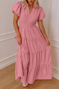 Bright Green Solid Color V Neck Short Puff Sleeve High Waist Tiered Maxi Dress