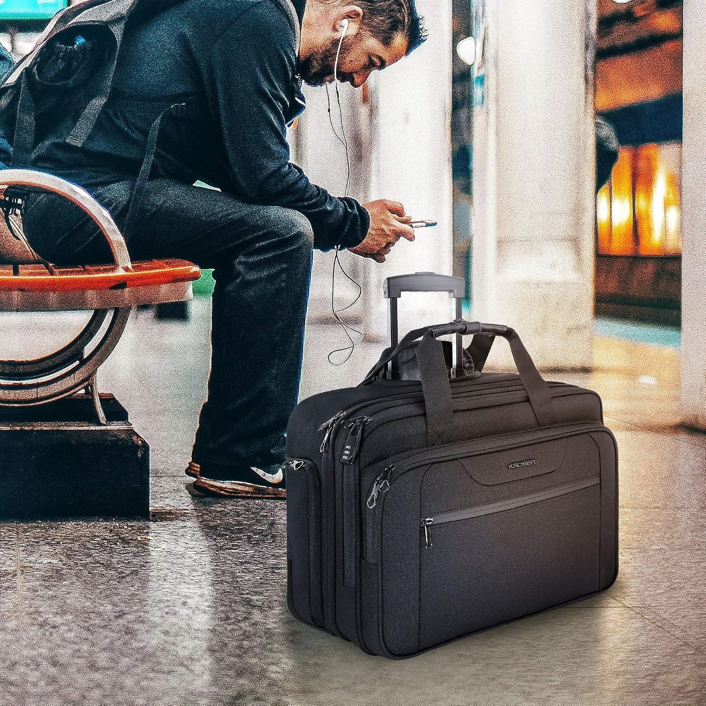 KROSER Rolling Laptop Bag Premium Wheeled Briefcase Fits Up to 17.3 Inch Laptop Overnight Roller Case Computer Bag with RFID Pockets for Travel/Business/Men/Women-Black