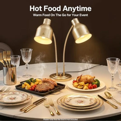 Food Heating Lamp for Buffet Catering Kitchen, Gold Aluminum Alloy, Gold, 2-Head 500W Electric Heat Lamp with 2xE26 Bulbs