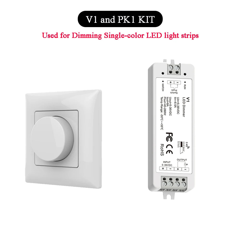 LED Dimmer 12V 24V Rotary Panel RF Remote Controller Single Color LED Strip Dimming Kit Wireless 2.4G Remote Control Push Switch