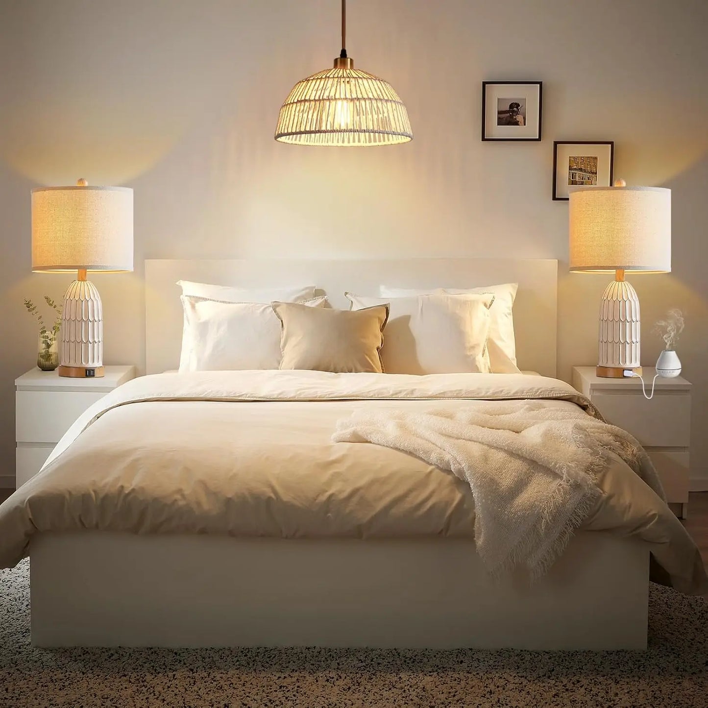Boho Table Lamps Set of 2, Farmhouse 3-Way Dimmable Touch Nightstand Lamp with 2 USB Charging Ports for Bedroom Living Room