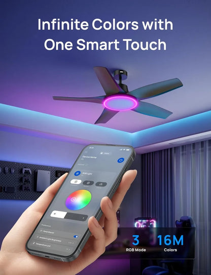 Smart Ceiling Fan with Lights, 52" Dimmable RGB Ambient Light, Alexa/App Control, Quiet, Easy Install for Living Room, Game Room