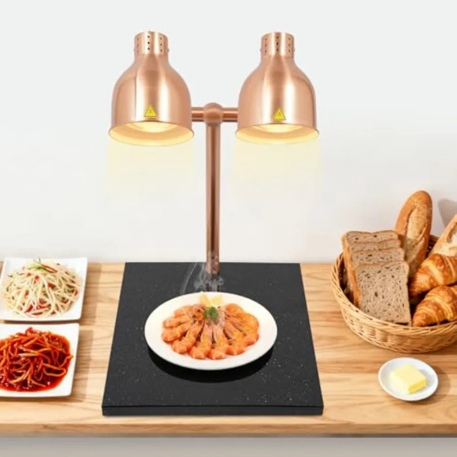 Commercial kitchen food warming lamp with marble base, dual-head design, 2 heating bulbs, white finish, energy-efficient heat r