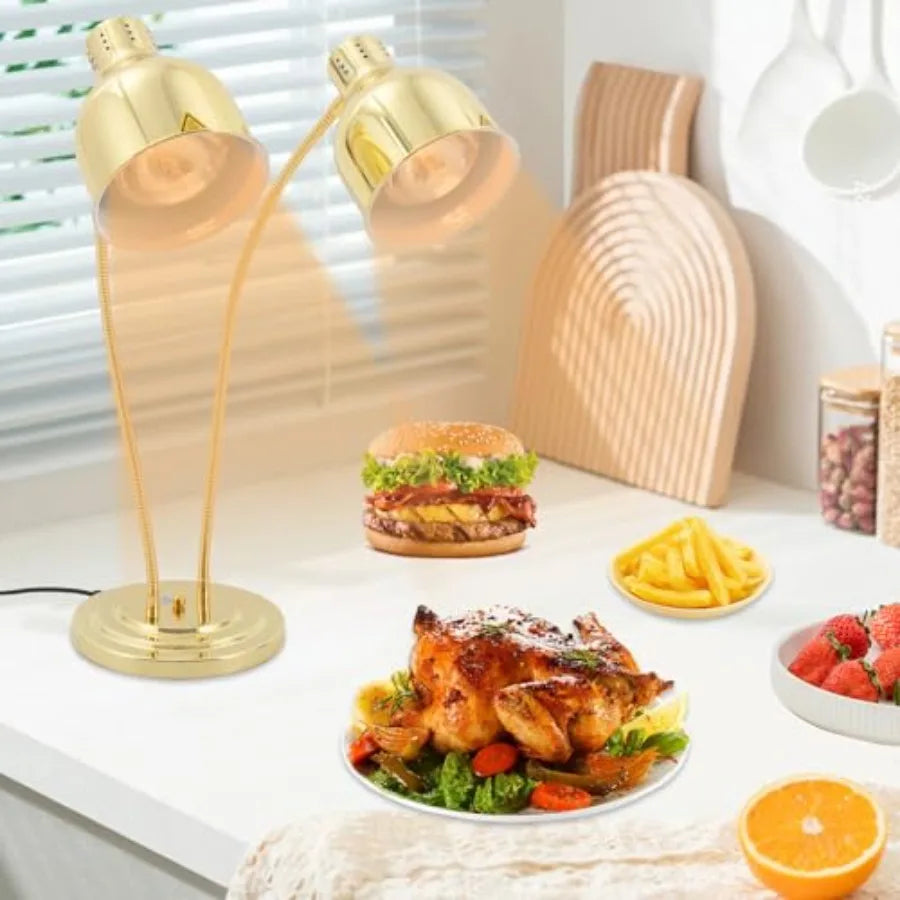 2-Head Food Warmer Lamp for Restaurants, Commercial Kitchens, Buffets, Cafeterias Catering; Stainless Steel, Gold; 500W, 360 Ad