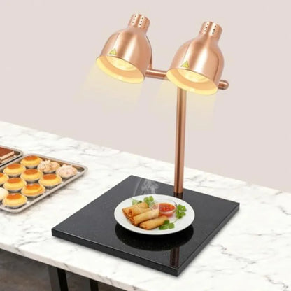 Commercial kitchen food warming lamp with marble base, dual-head design, 2 heating bulbs, white finish, energy-efficient heat r