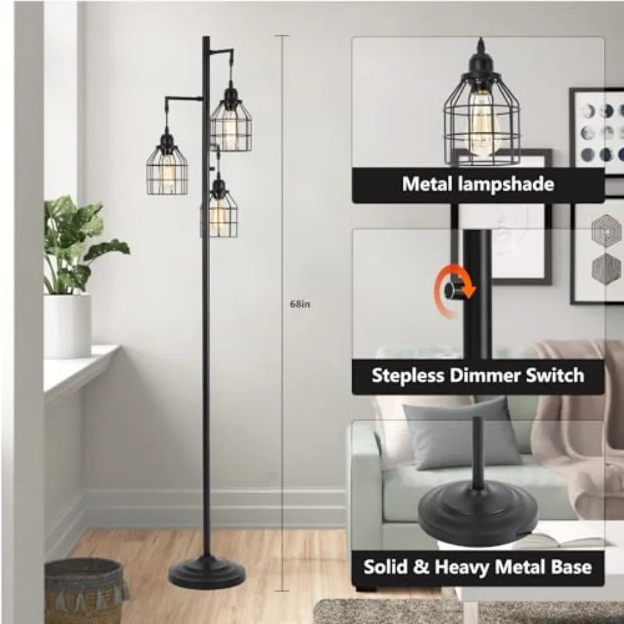 Floor Lamp for Living Room, Farmhouse Industrial Dimmable Floor lamp, 3 Lights Metal Cage Tree Standing Lamp, 68", 3Pcs Led Bul
