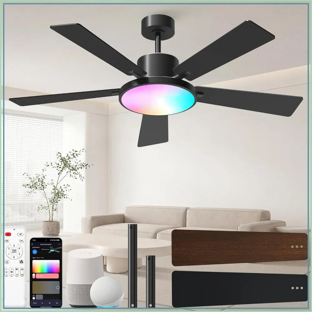 Smart Ceiling Fan with Lights, 52'' RGBCW Remote & App Control, Reversible DC Motor, 2600lm Dimmable, 6 Speeds & 2 Modes, Quiet for Bedroom