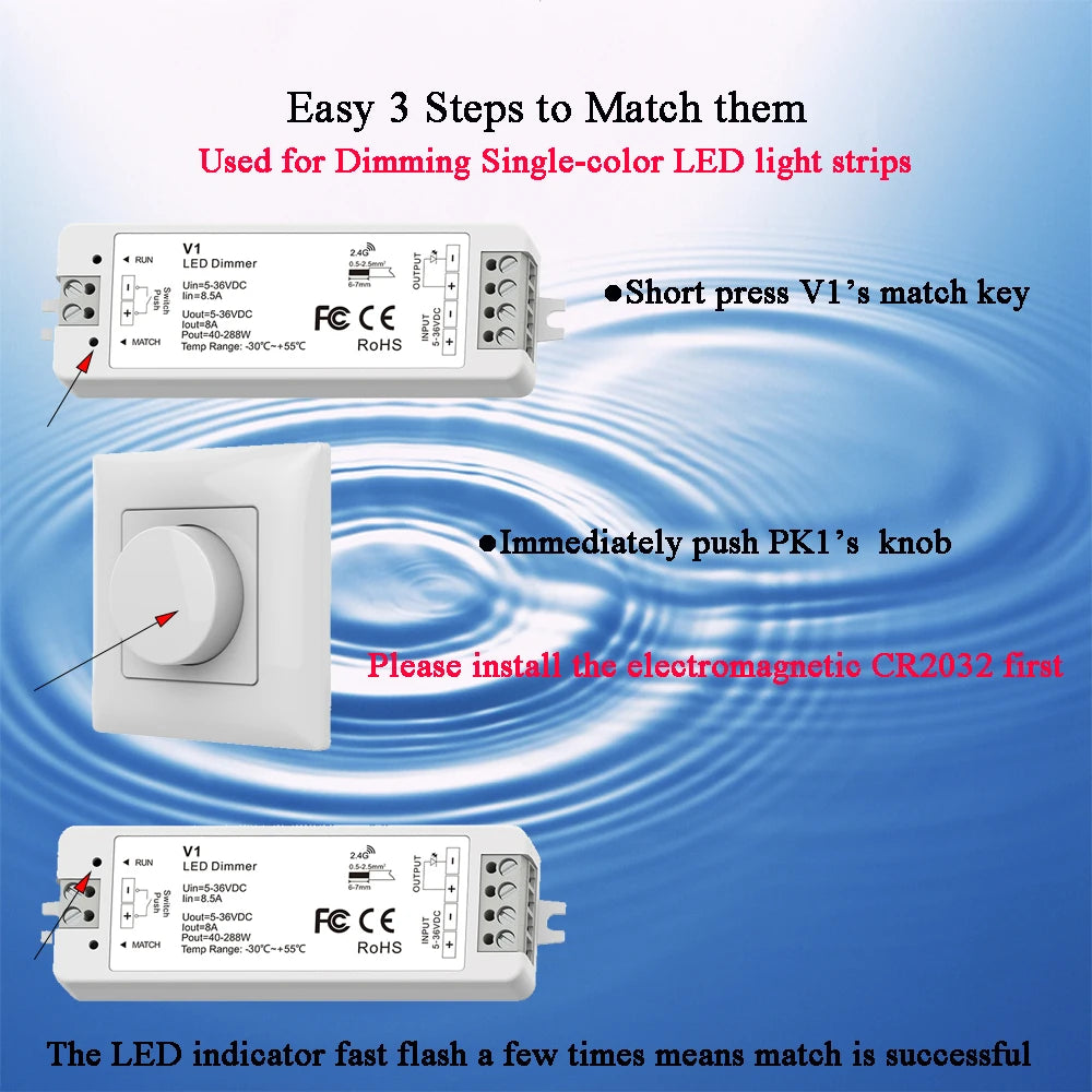 LED Dimmer 12V 24V Rotary Panel RF Remote Controller Single Color LED Strip Dimming Kit Wireless 2.4G Remote Control Push Switch
